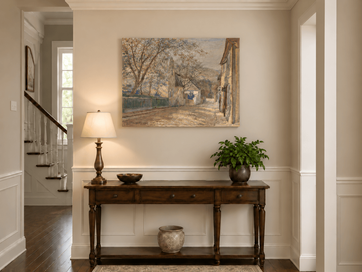 Landscape Oil Painting - Quiet Village Street with Blossoms View