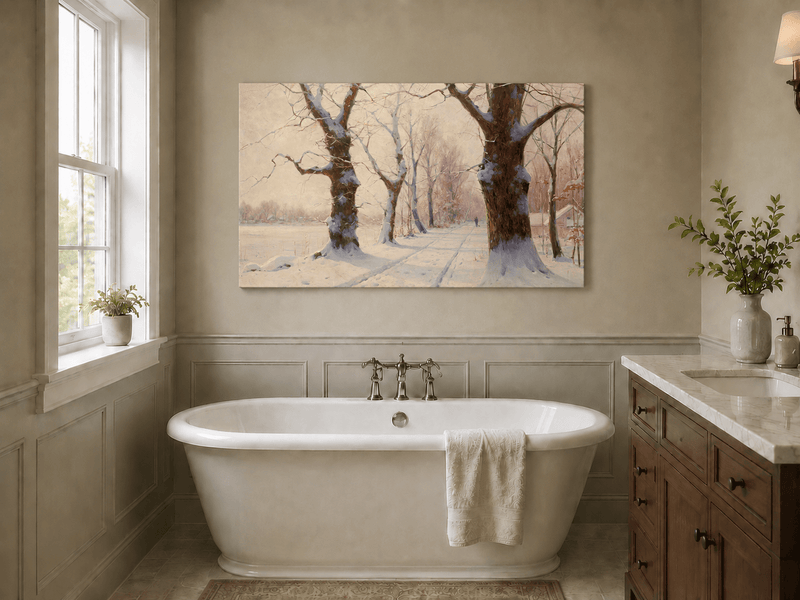 Peinture à l'huile de paysage - Scène de rivière hivernale avec personnages et chevaux