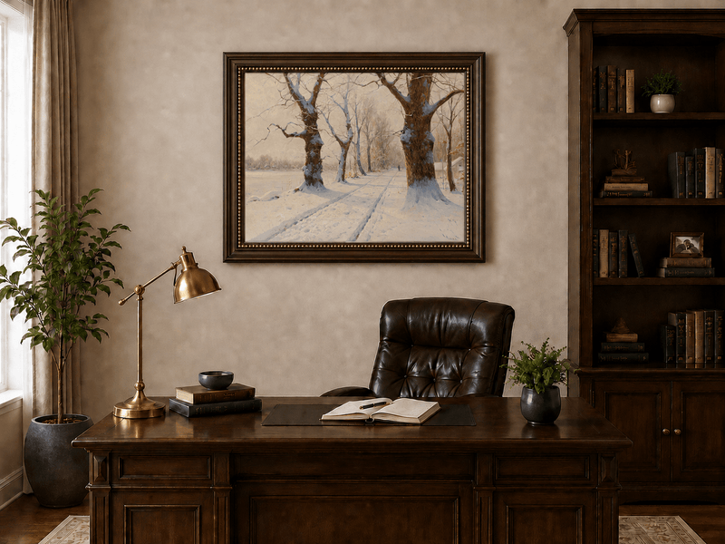 Peinture à l'huile de paysage - Scène de rivière hivernale avec personnages et chevaux