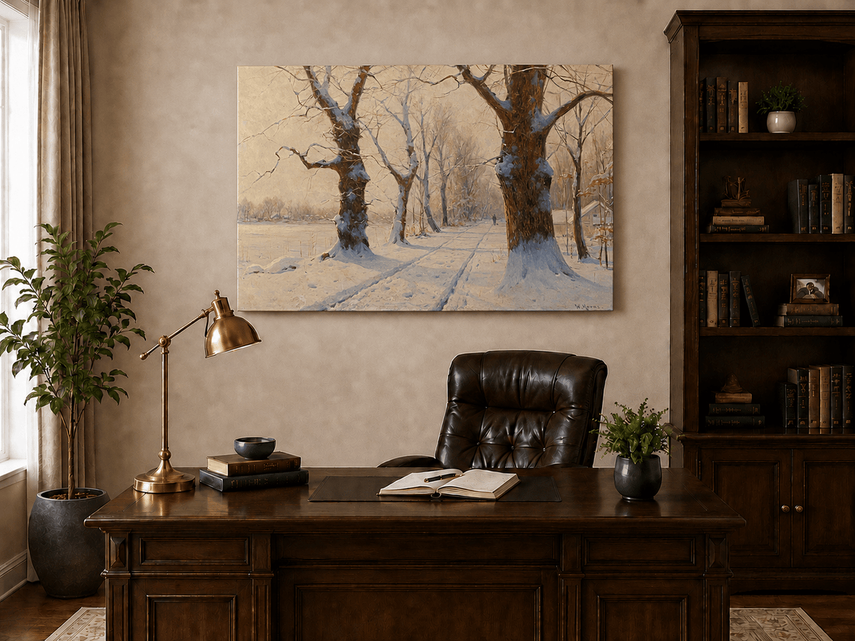 Peinture à l'huile de paysage - Scène de rivière hivernale avec personnages et chevaux