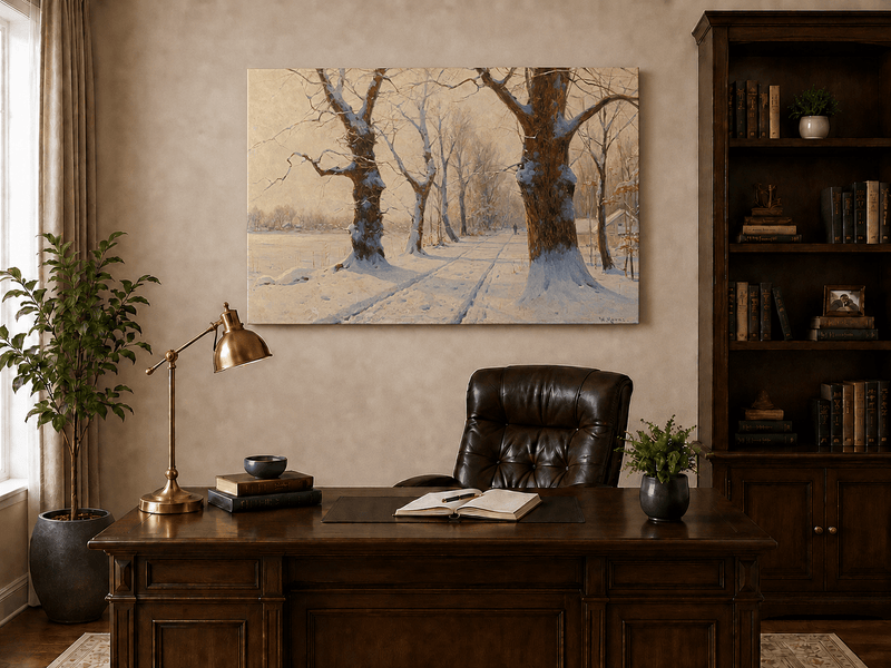 Peinture à l'huile de paysage - Scène de rivière hivernale avec personnages et chevaux