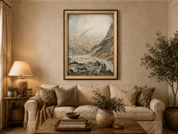 Rainbow over a mountain pass and river landscape oil painting displayed in a styled home interior.