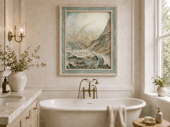 Mountain pass with river and rainbow landscape oil painting presented as interior home decor.