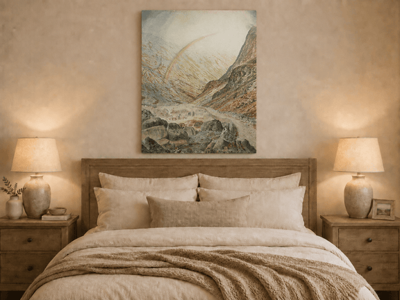 Rainbow mountain pass oil painting displayed as landscape wall decor.