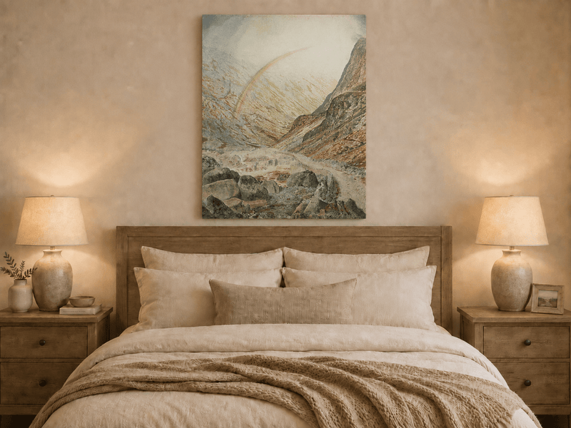 Rainbow mountain pass oil painting displayed as landscape wall decor.