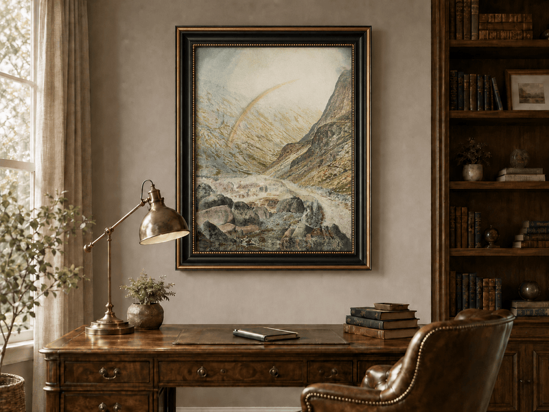 Rainbow mountain pass and winding river landscape oil painting presented in an interior wall art mockup.