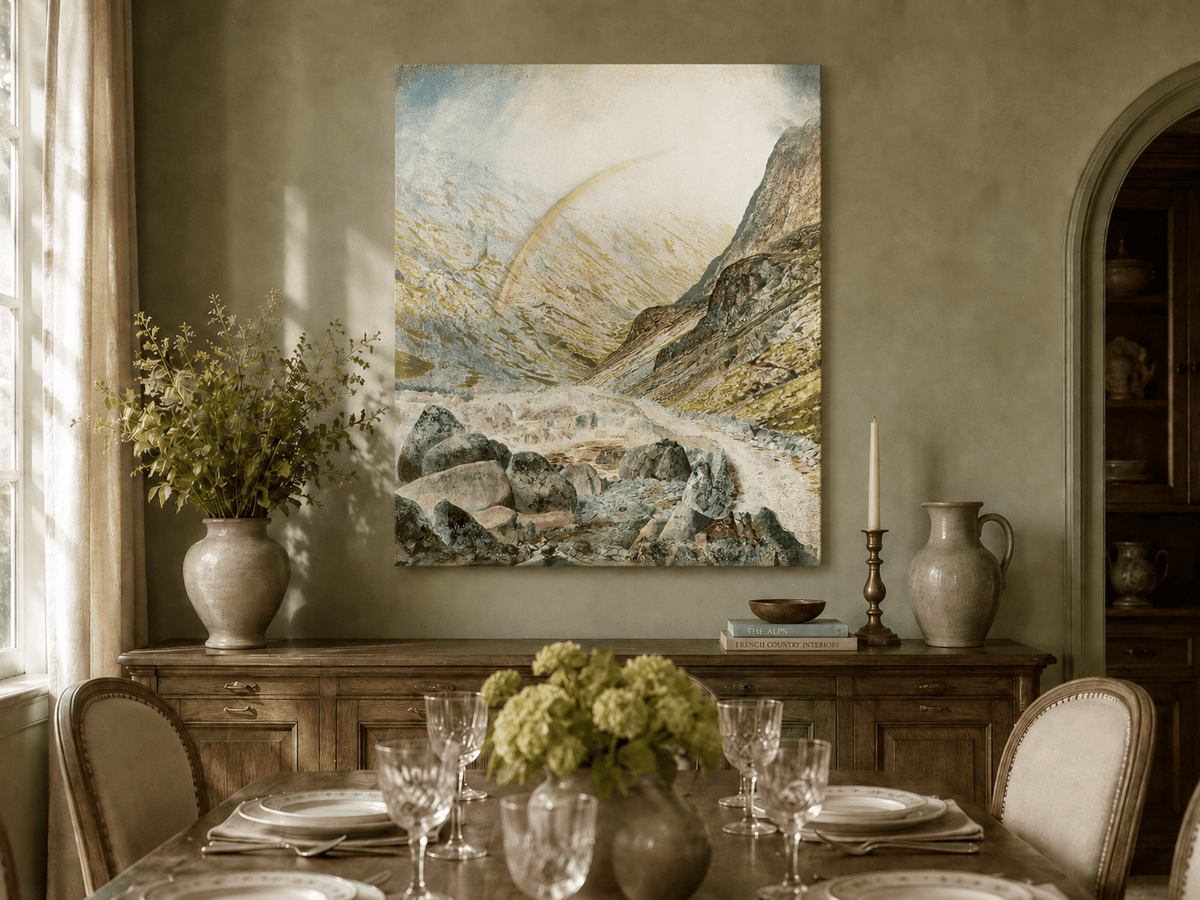 Hand-painted mountain river and rainbow landscape artwork in an interior display.