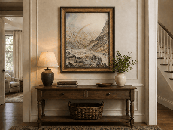 Mountain pass and river beneath a rainbow hand-painted oil artwork shown as home wall decor.