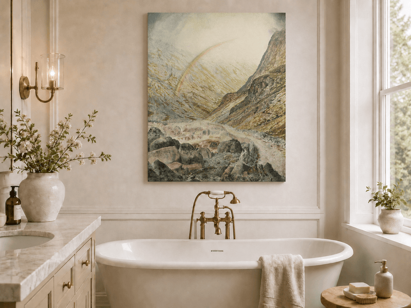 Rainbow over mountain pass and river landscape oil painting presented as styled home decor.