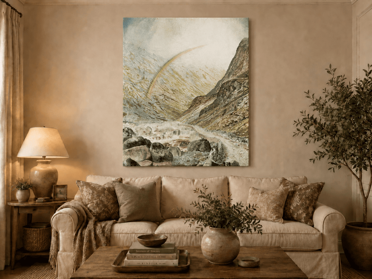 Rainbow mountain landscape hand-painted oil artwork displayed in a second interior view.
