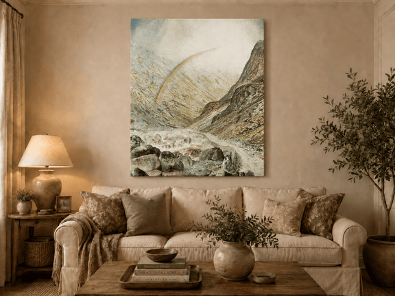Rainbow mountain landscape hand-painted oil artwork displayed in a second interior view.