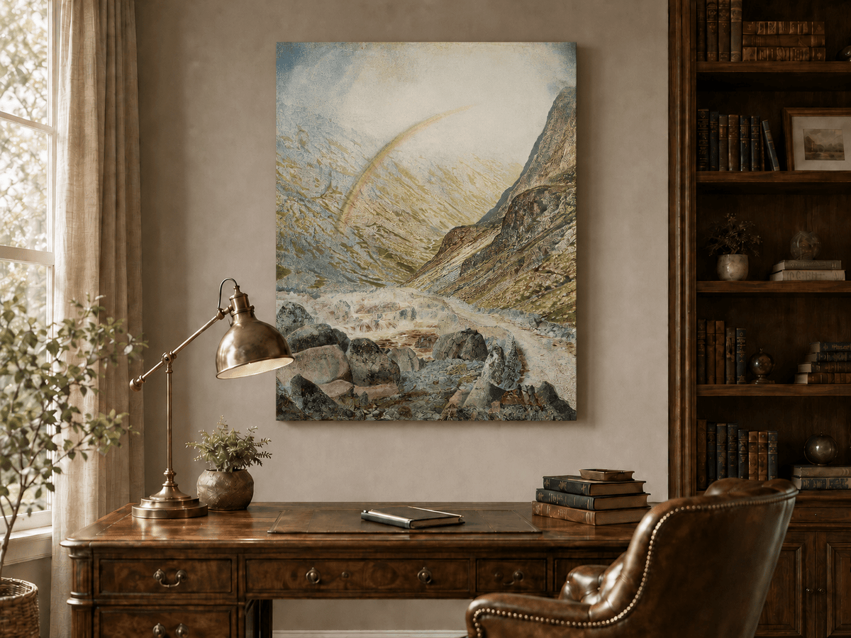 Interior wall art view featuring a rainbow over mountain pass and river oil painting.