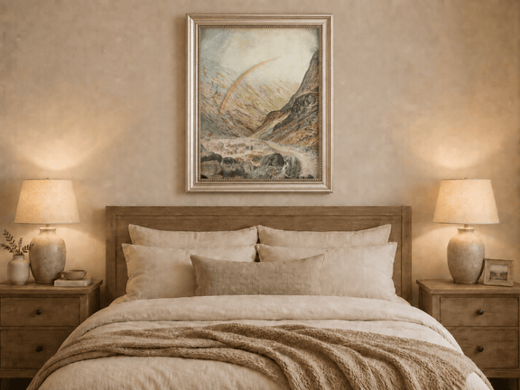 Hand-painted mountain pass and river with rainbow displayed as decorative wall art.