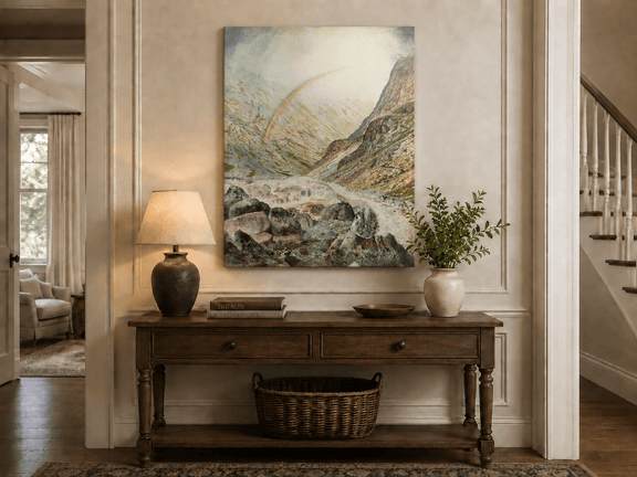 Mountain pass and river landscape painting shown as decorative oil wall art.