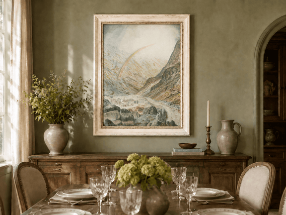 Rainbow over mountain pass and river oil landscape artwork shown in a styled home interior.