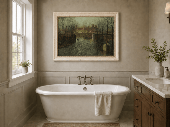 Rainy evening village street landscape oil painting presented as interior home decor.