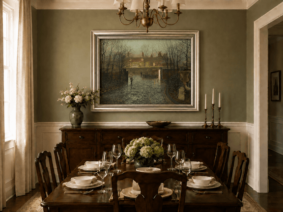 Rainy village houses and evening street oil landscape artwork shown in a styled home interior.