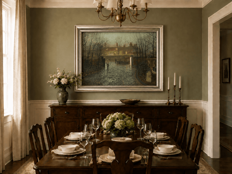 Rainy village houses and evening street oil landscape artwork shown in a styled home interior.