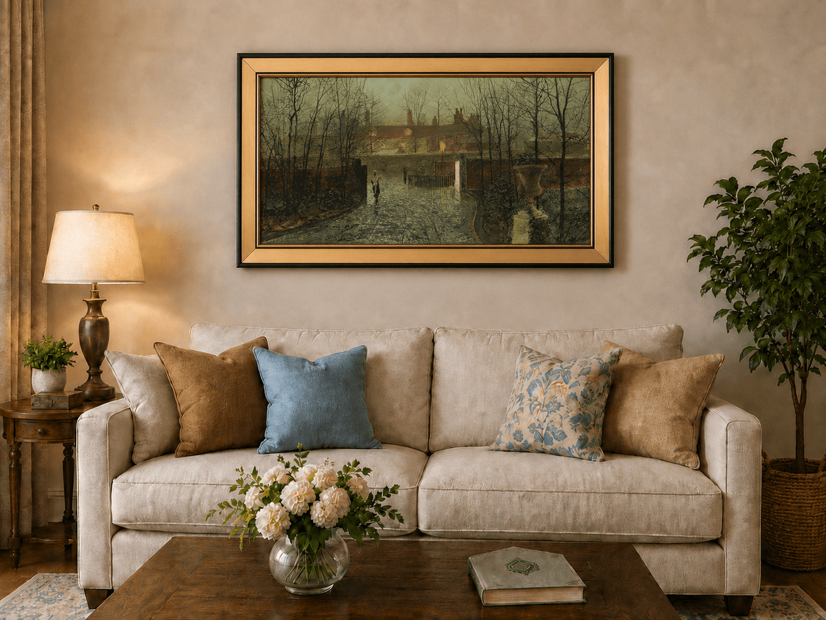 Rainy evening street with village houses landscape oil painting displayed in a styled home interior.