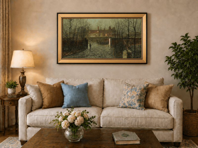Rainy evening street with village houses landscape oil painting displayed in a styled home interior.