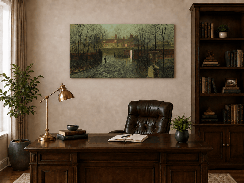 Interior wall art view featuring a rainy evening street with village houses oil painting.