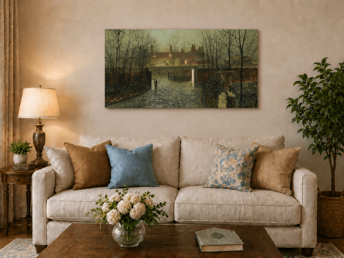 Rainy village street hand-painted oil artwork displayed in a second interior view.