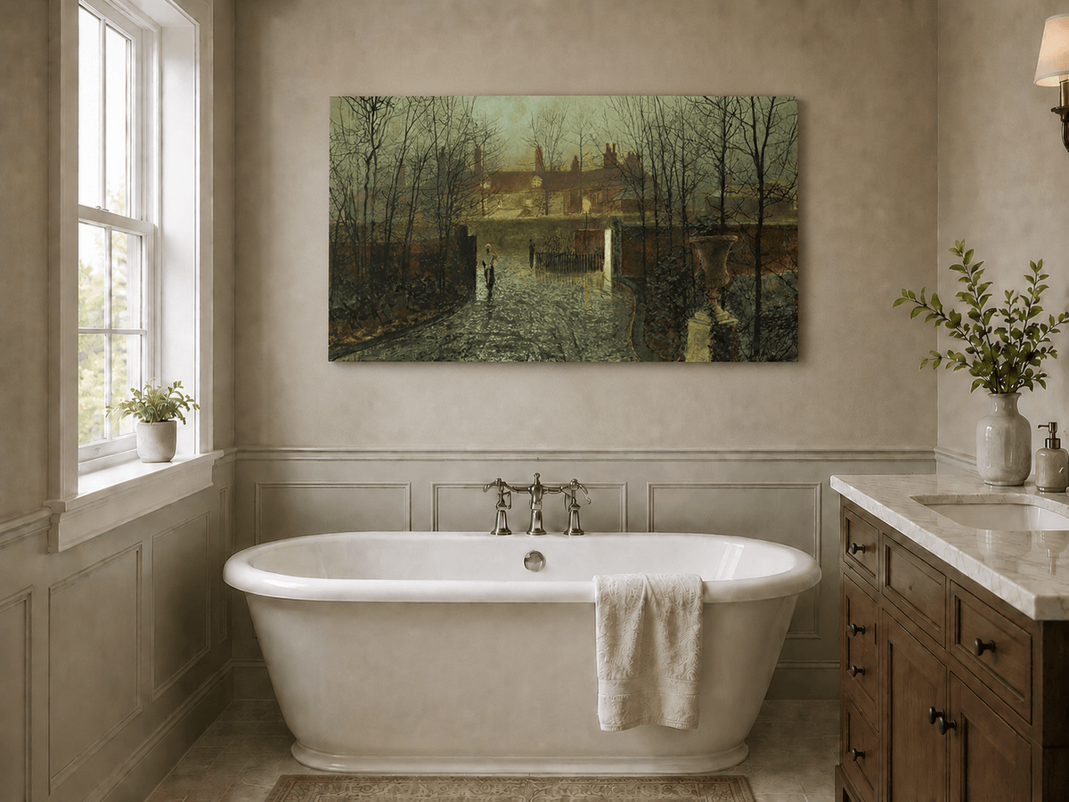 Rainy evening street with village houses landscape oil painting presented as styled home decor.