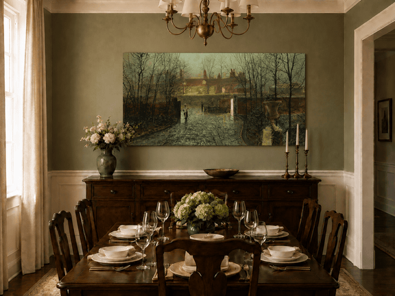 Hand-painted rainy street and village houses landscape artwork in an interior display.