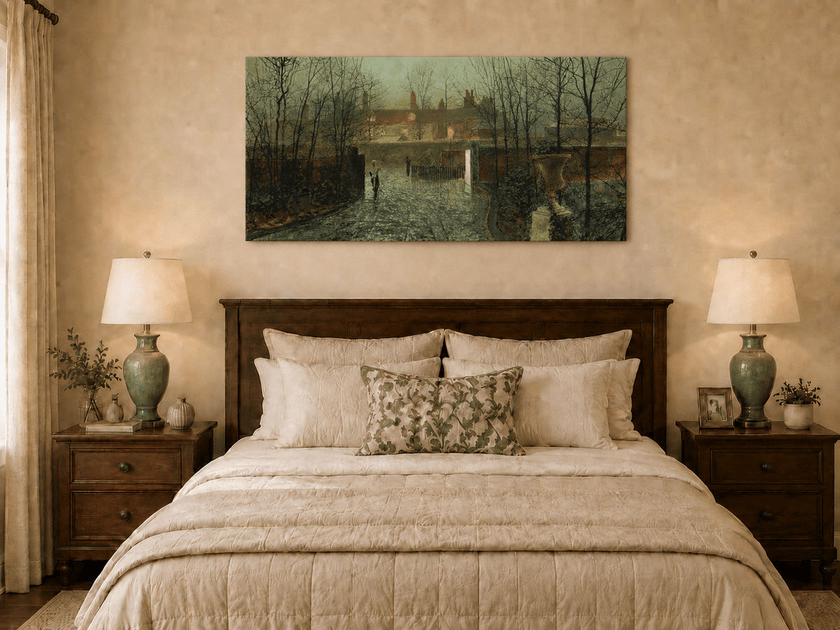 Rainy evening village street oil painting displayed as landscape wall decor.