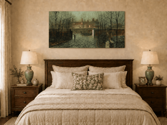 Rainy evening village street oil painting displayed as landscape wall decor.