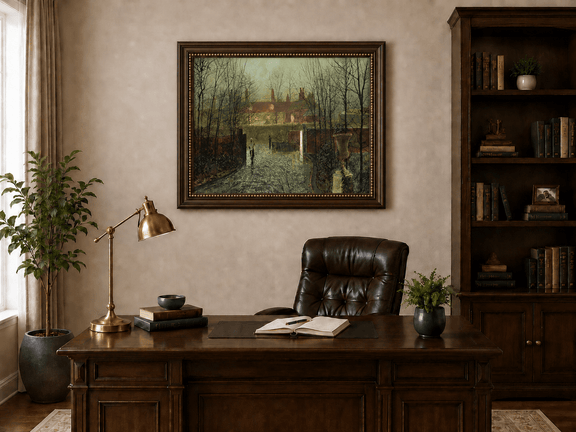 Evening village street after rain landscape oil painting presented in an interior wall art mockup.