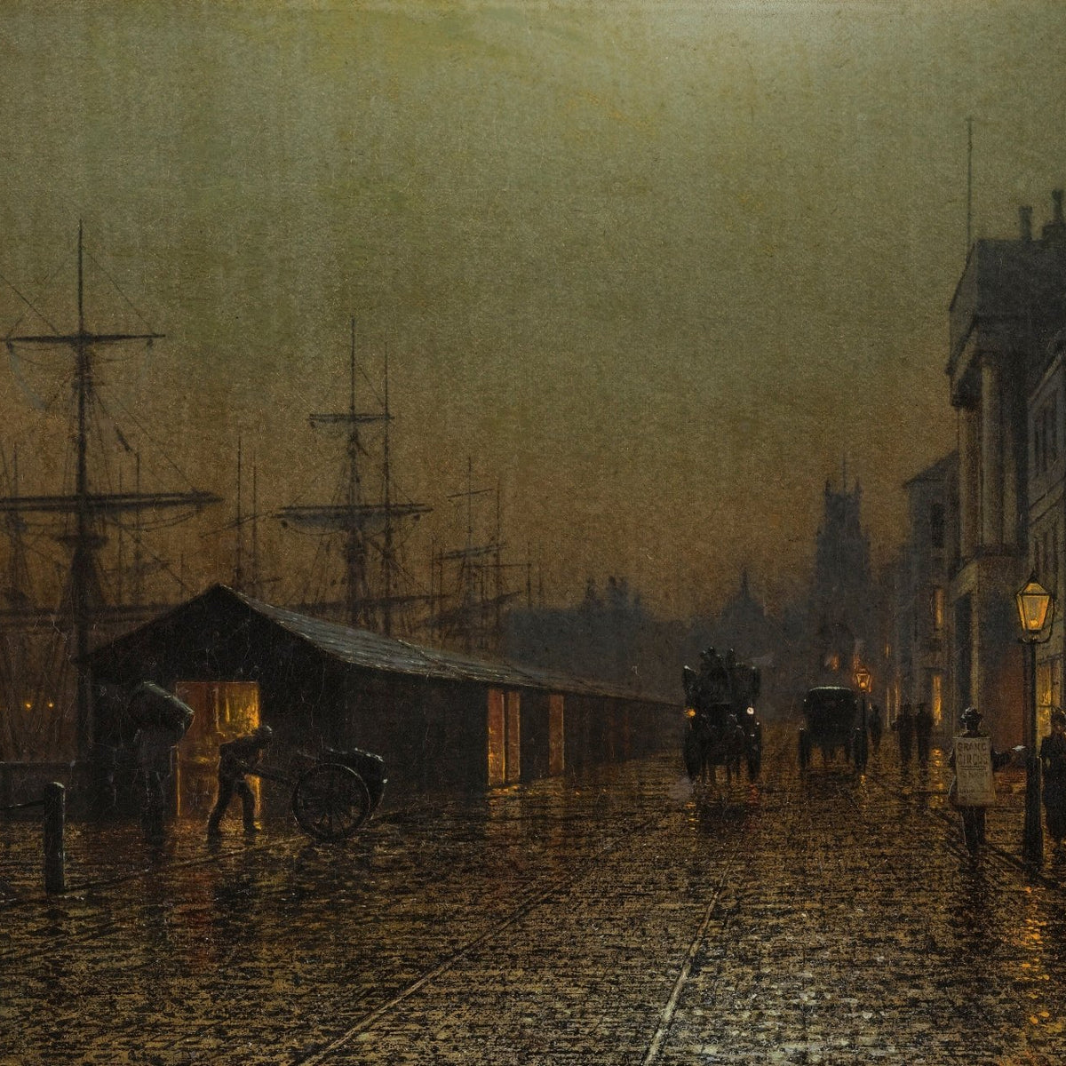 Hand-painted rainy harbor street at dusk with ships landscape oil painting on canvas