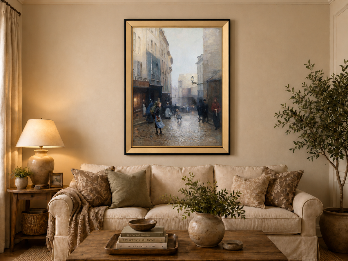 Hand-painted Rainy Old Town Street Scene with Figures landscape oil painting displayed as wall art in a styled interior