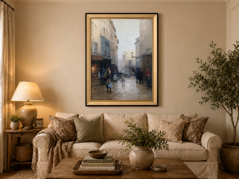 Hand-painted Rainy Old Town Street Scene with Figures landscape oil painting displayed as wall art in a styled interior