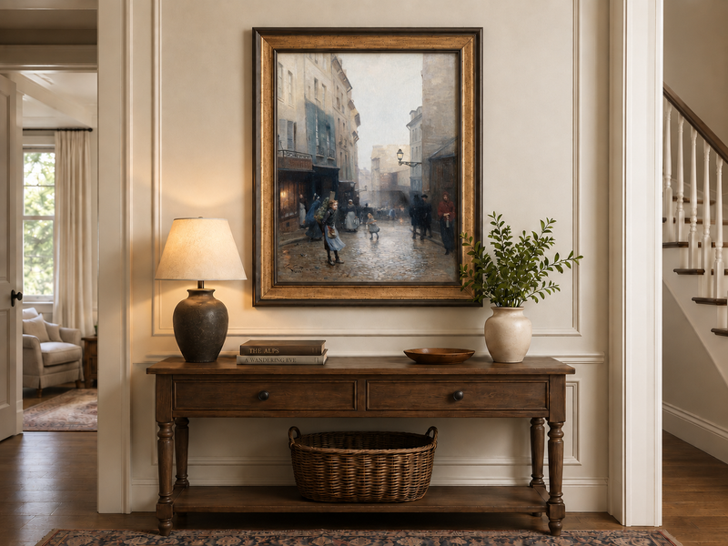 Hand-painted Rainy Old Town Street Scene with Figures landscape oil painting displayed as wall art in a styled interior