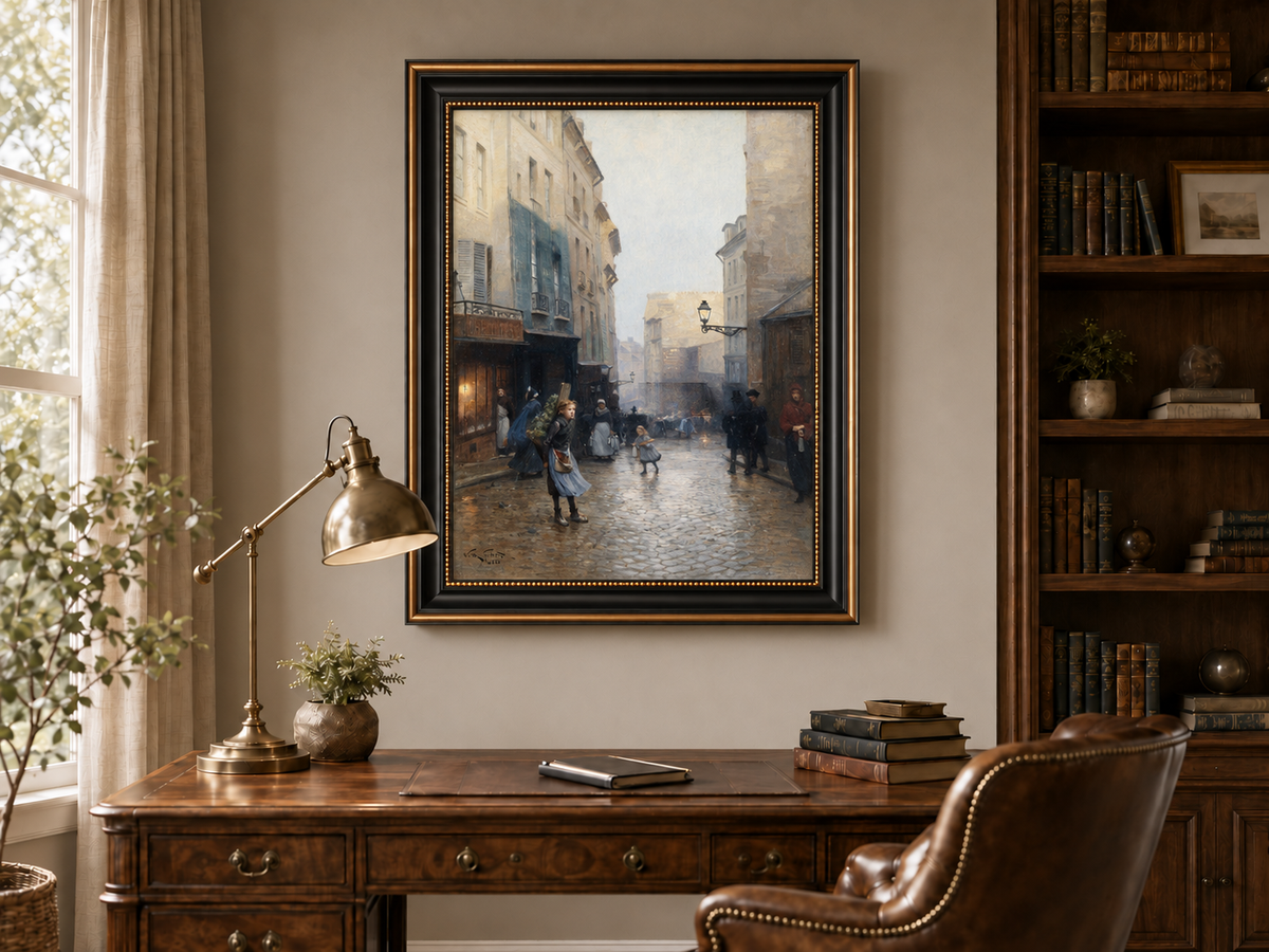 Hand-painted Rainy Old Town Street Scene with Figures landscape oil painting displayed as wall art in a styled interior