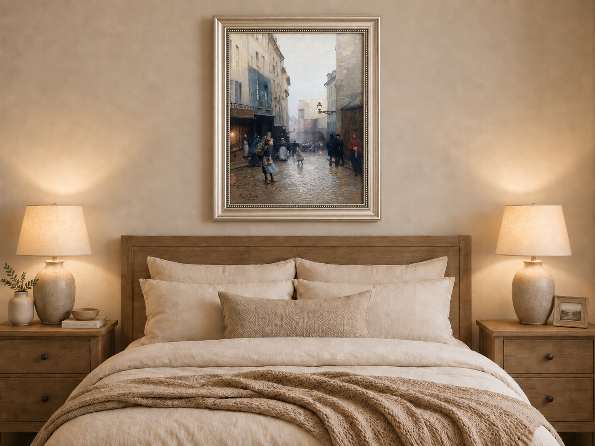 Hand-painted Rainy Old Town Street Scene with Figures landscape oil painting displayed as wall art in a styled interior