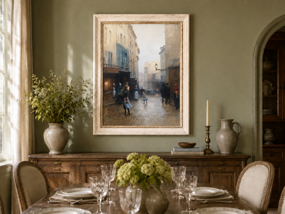 Hand-painted Rainy Old Town Street Scene with Figures landscape oil painting displayed as wall art in a styled interior