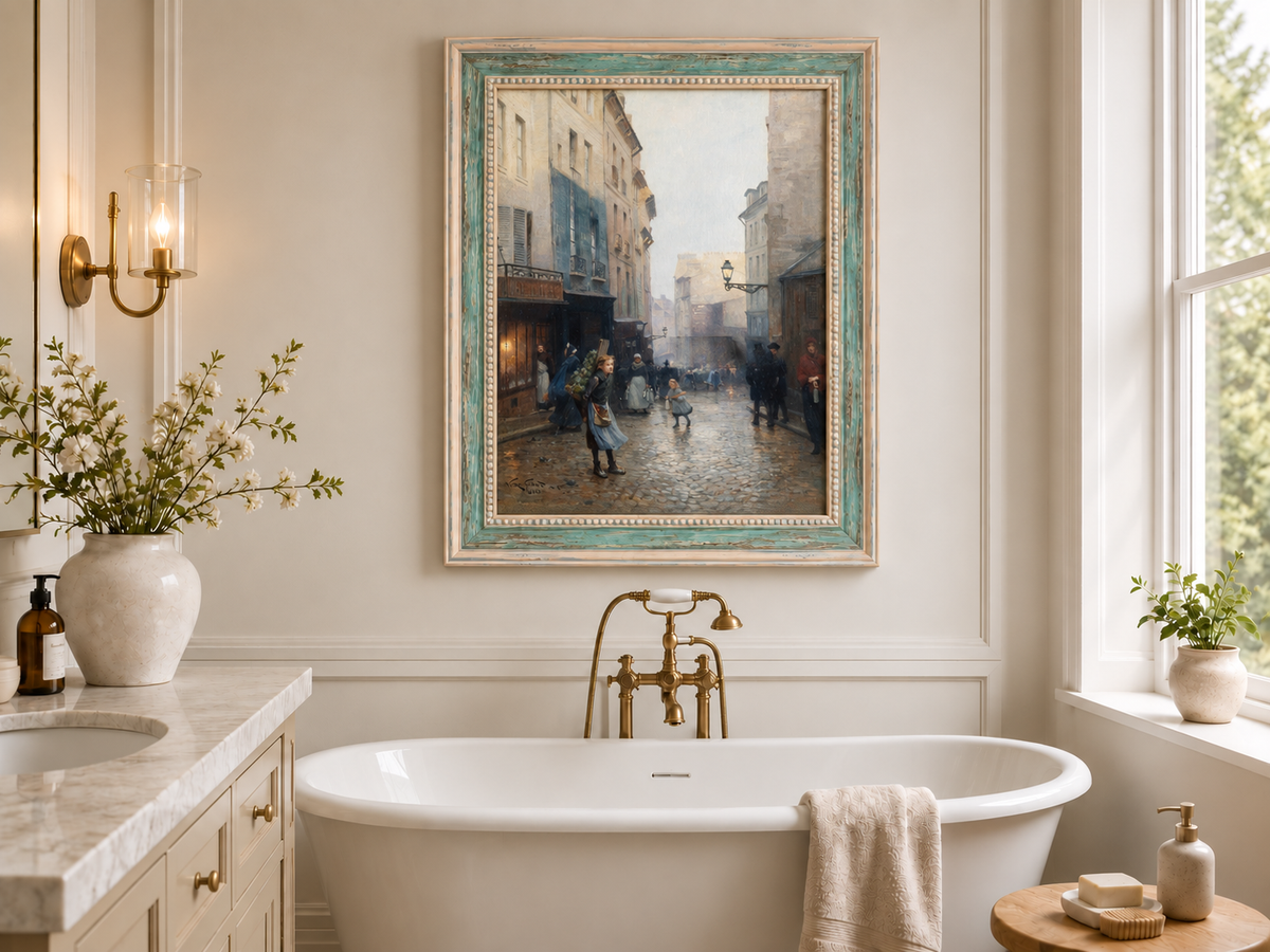 Hand-painted Rainy Old Town Street Scene with Figures landscape oil painting displayed as wall art in a styled interior
