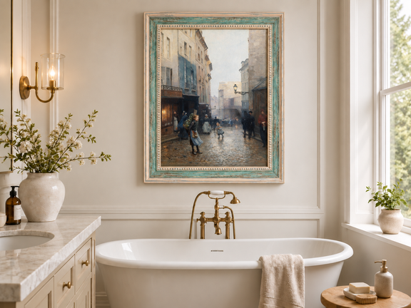 Hand-painted Rainy Old Town Street Scene with Figures landscape oil painting displayed as wall art in a styled interior
