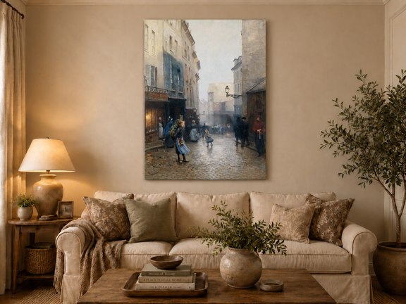 Hand-painted Rainy Old Town Street Scene with Figures landscape oil painting displayed as wall art in a styled interior