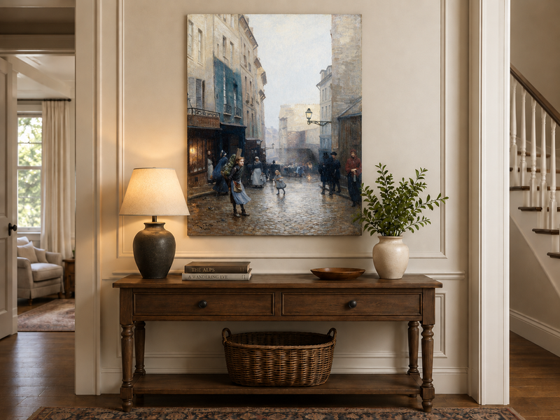 Hand-painted Rainy Old Town Street Scene with Figures landscape oil painting displayed as wall art in a styled interior