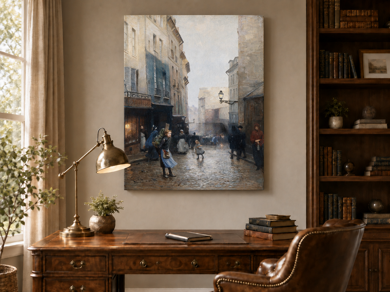 Hand-painted Rainy Old Town Street Scene with Figures landscape oil painting displayed as wall art in a styled interior