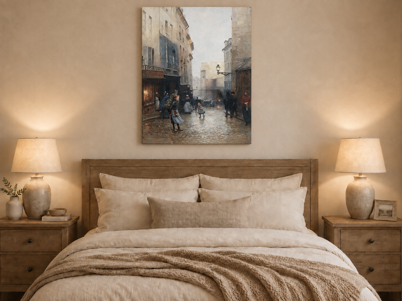 Hand-painted Rainy Old Town Street Scene with Figures landscape oil painting displayed as wall art in a styled interior