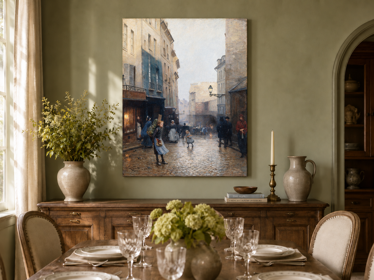 Hand-painted Rainy Old Town Street Scene with Figures landscape oil painting displayed as wall art in a styled interior