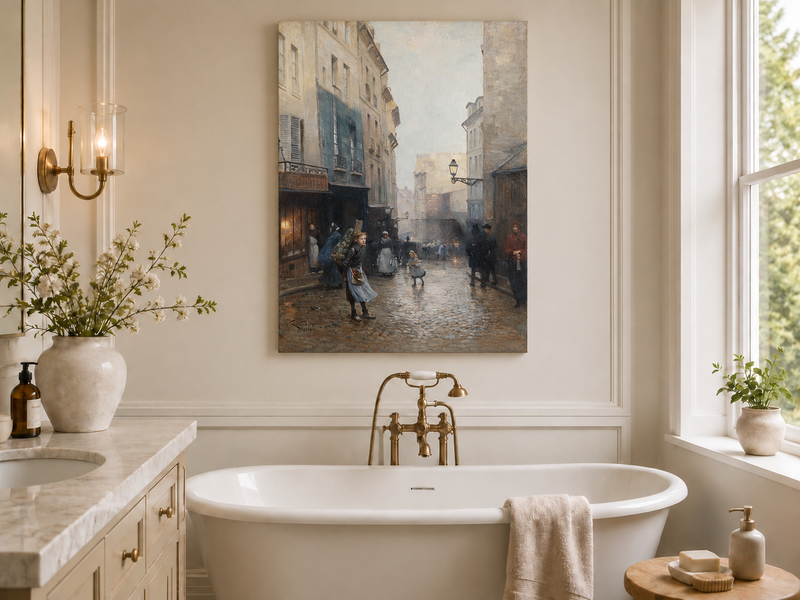 Hand-painted Rainy Old Town Street Scene with Figures landscape oil painting displayed as wall art in a styled interior