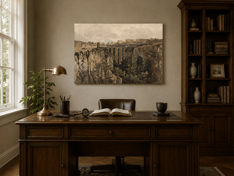 Landscape Oil Painting - Ravine Bridge and Hilltop Village View