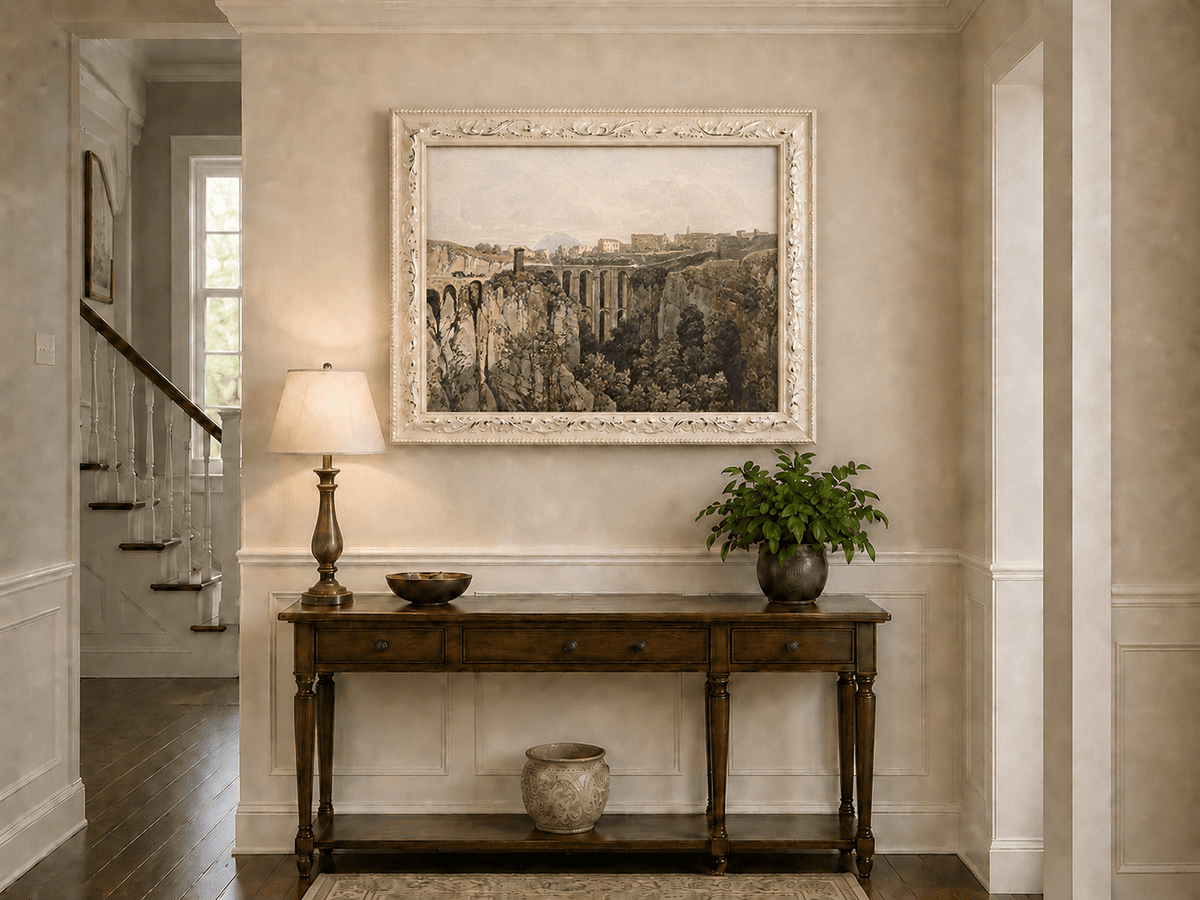 Landscape Oil Painting - Ravine Bridge and Hilltop Village View