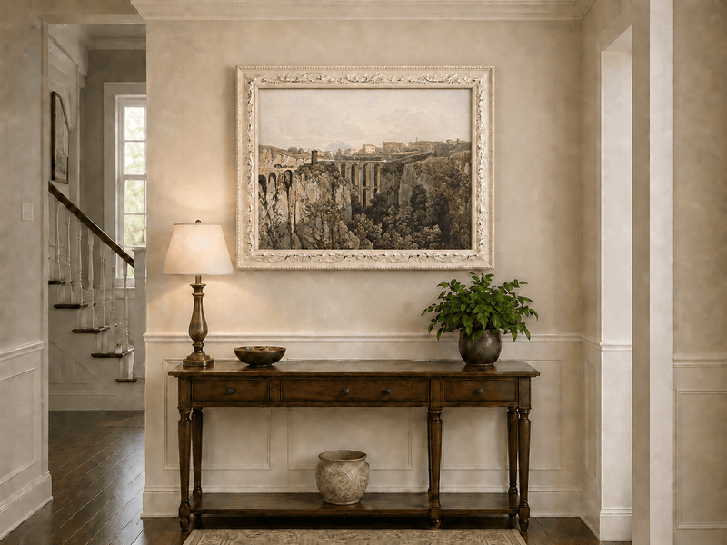 Landscape Oil Painting - Ravine Bridge and Hilltop Village View