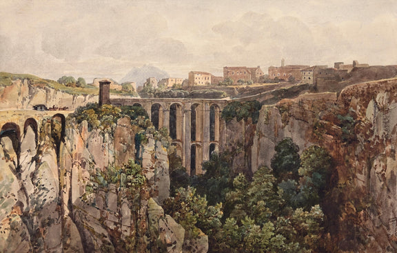 Hand-painted ravine bridge and hilltop village view landscape oil painting on canvas